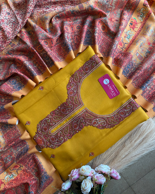 Aari work woollen suit set with highlighted