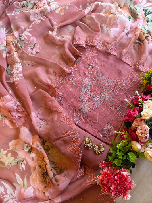 Pakistani threads work soft organza suit set