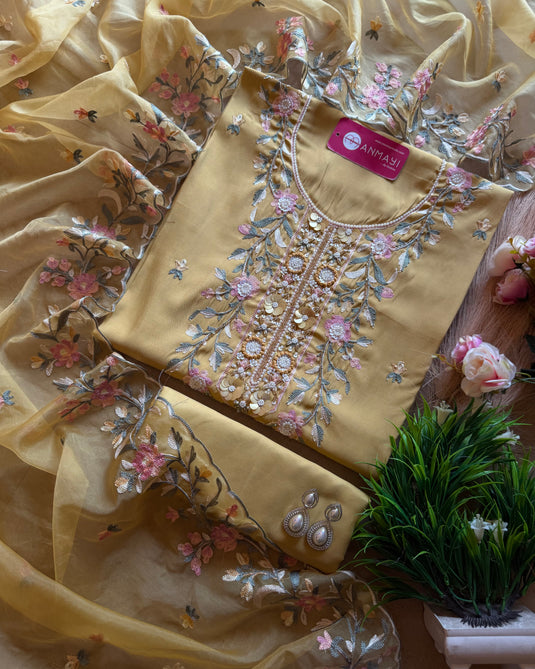 Modal muslin parsi machine work suit set with organza dupatta