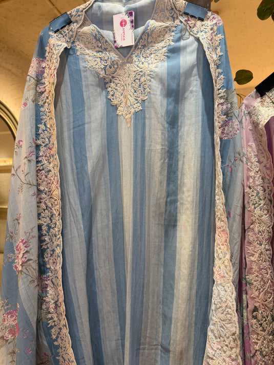 Stripy pure Mul pastel suit set with Dori weave and floral dupatta