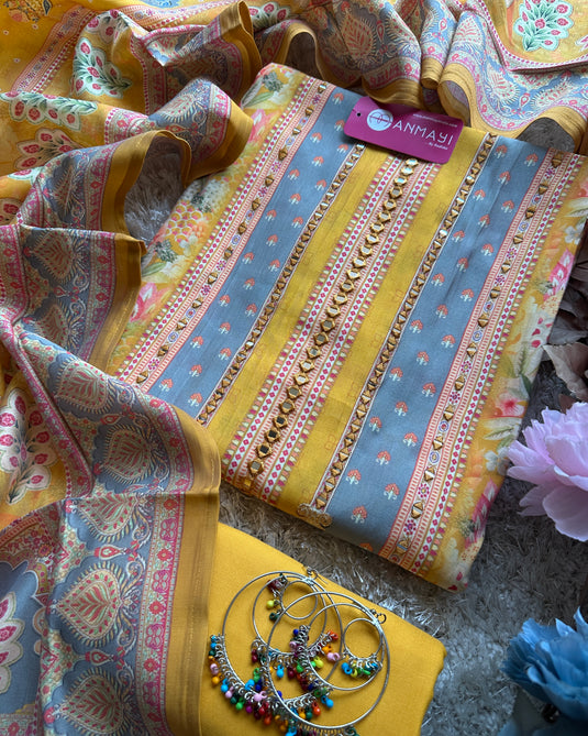 Persian print yellow grey mirror highlights muslin modal suit