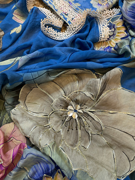 Floral affair muslin cotton patterned suit with pure crepe digital highlighted dupatta