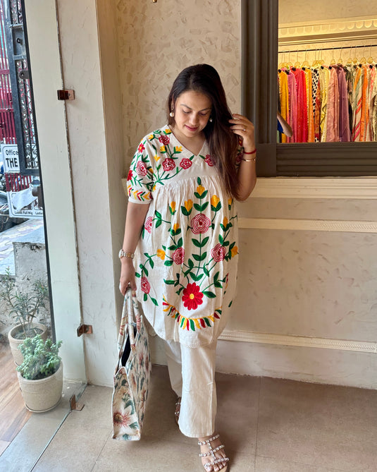 Phulkari work cream cotton coord set