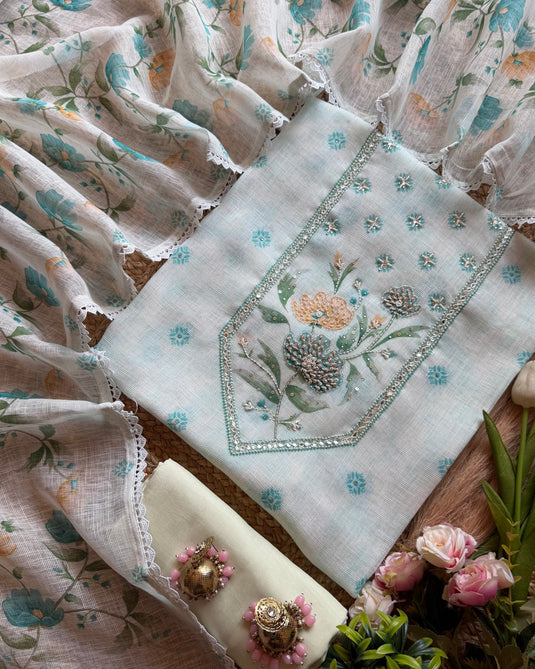 Shaded pastel linens with highlights and combination cream dupatta