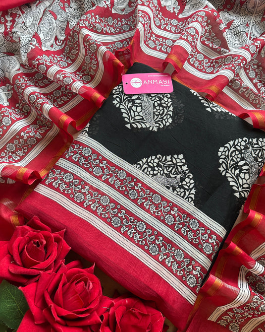 Pure Maheshwari red black combination suit set