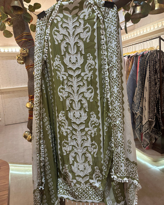 Pure muslin panel print suit with pearl details