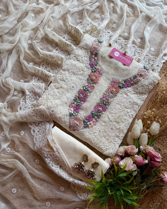 Pure Georgette flower garden neck chikankari suit set