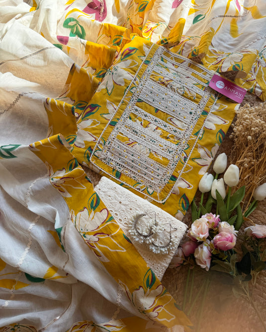 Cotton crochet pattern neck with handpaint dupatta