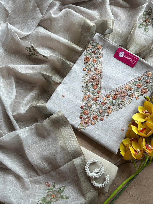 Linen french knot work beige suit set