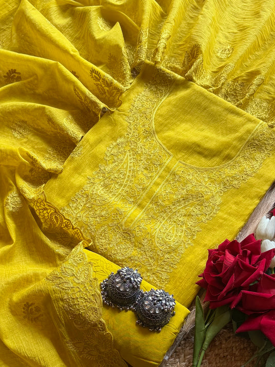 Bright monochrome self Mul Chanderi suit set