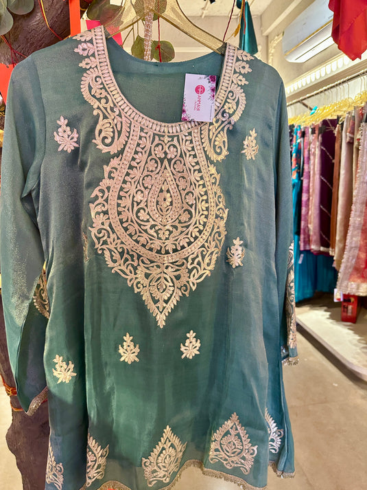 Pita work organza shimmer coord set with fringe lace details and potli