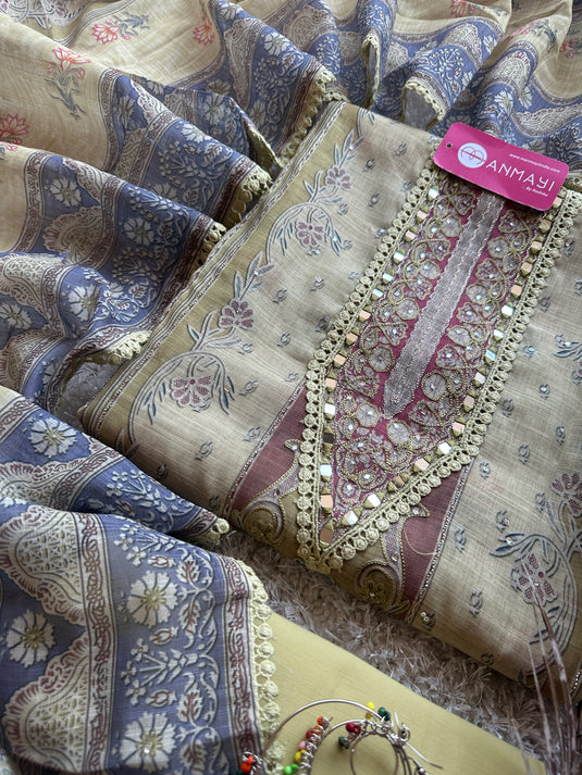 Printed linen Chanderi suits with highlighted thread and mirror details
