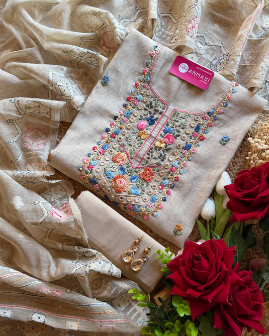 Pure Jamdani Silk French Knot Work Suit Set