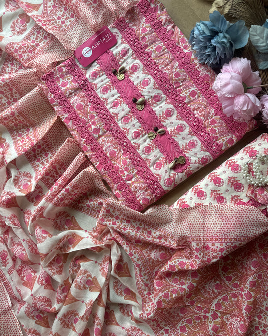 Embroidered shell neck printed pure cotton suit with crochet details