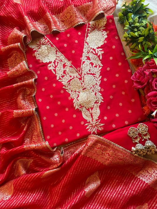 Sparrow neck Dolla silk suit set with Banarasi jacquard dupatta