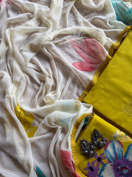 Neon green embroidered patch with printed bottom and chiffon handpaint dupatta