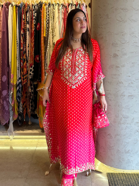 Bandhani ombré gotta work kaftan set with tassels