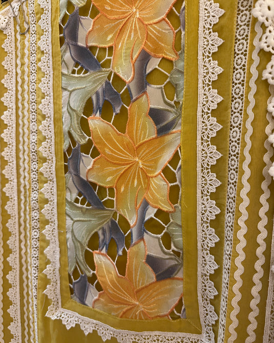 Coloured crochet patch work pure organza suits with handpaint dupatta