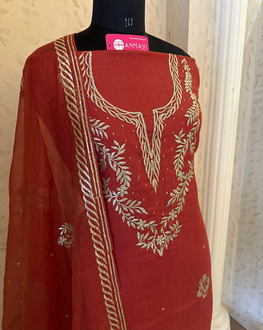 Anarkali pita work festive Mul Chanderi suit set