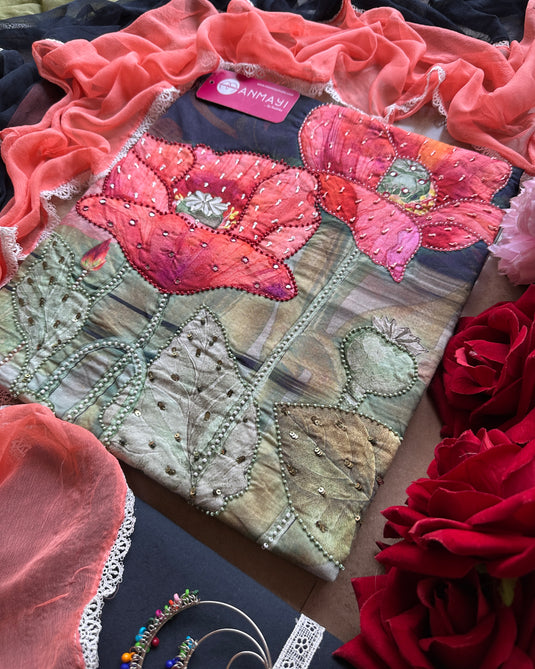 Bright festive printed cotton suit with highlights and tricolour dupatta