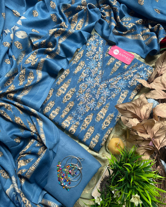 Embroidered V neck printed pashmina suit sets