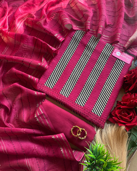 Pure Maheshwari silk kantha work with stripes