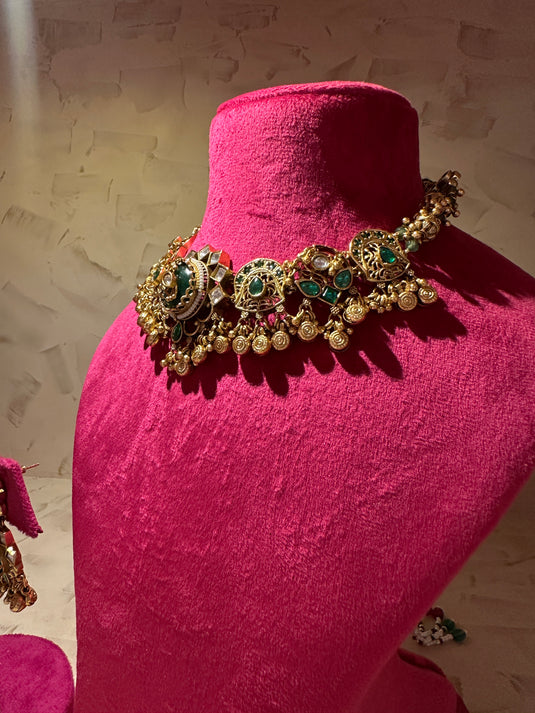 Peacock emerald ghungroo choker set