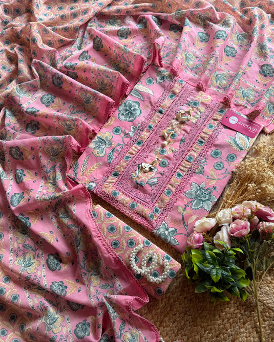 Shell neck printed pure cotton suit set