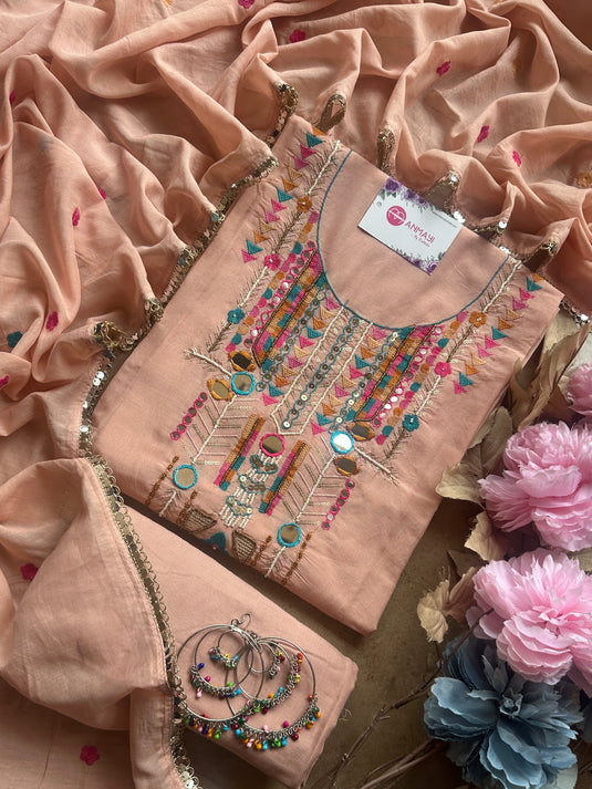 Boho looks mirror work mul chanderi suit set