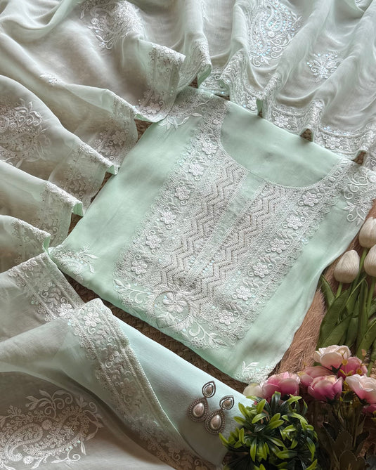 White Dori pattern work pure mul cotton suit set