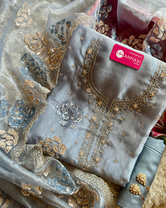 Metallic handwork pure organza tissue suit set