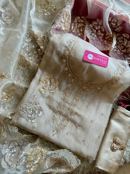 Metallic handwork pure organza tissue suit set