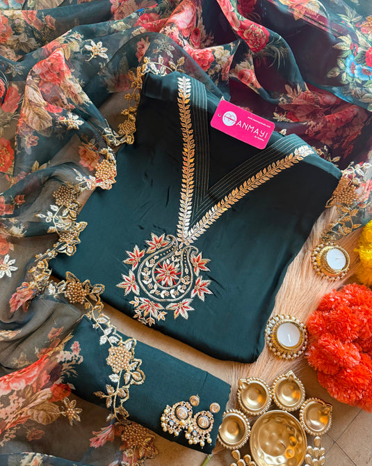 Pure Crepe embroidered v neck suit set