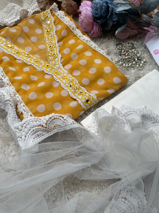 Pure georgette polka dots Pakistani suits with net dupatta