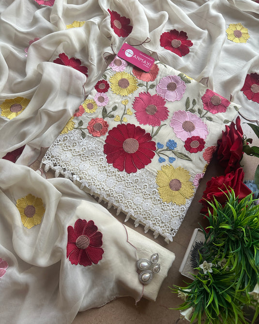 Multicoloured patched floral pure organza suit set