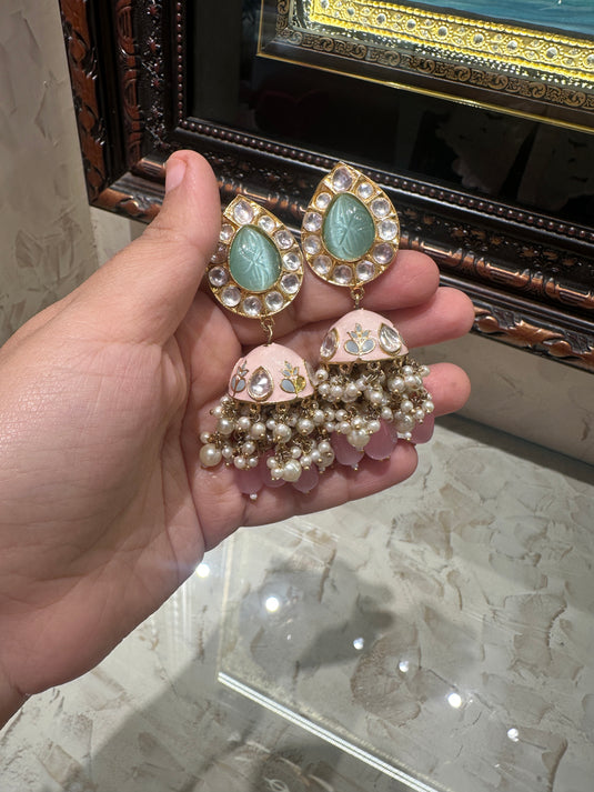 Pink pearl drop jhumka