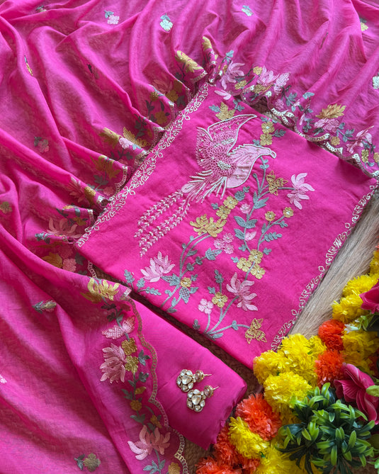 Hummingbird Floral Embroidery Mul Chanderi suit set