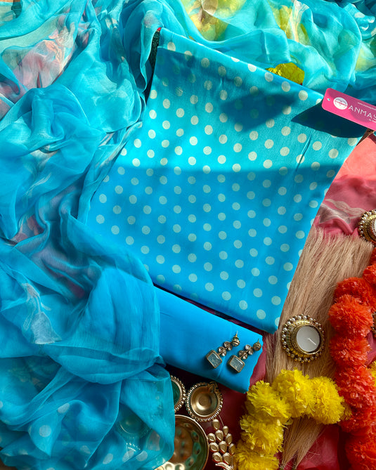 Mini polka dots pure crepe suit set with floral chiffon dupatta