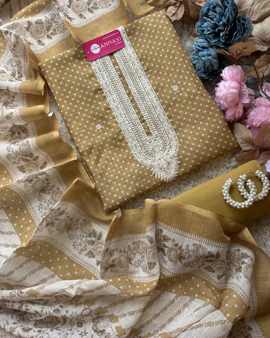 Polka dots printed linen suits with digital dupatta