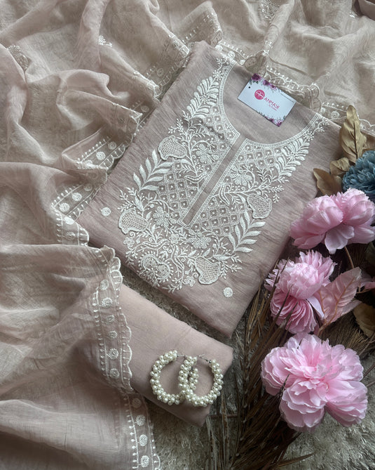 Mul Chanderi Chikankari pearl neck suit set