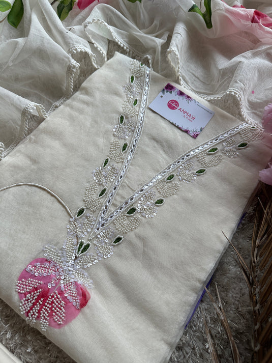 Ivory handpaint Mul Chanderi suit set with pearl details