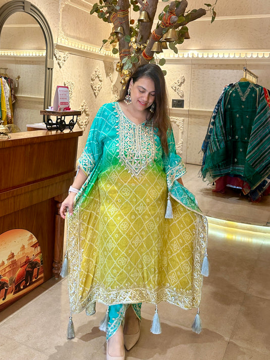Shaded Bandhani tassel pure crepe gotta work kaftans