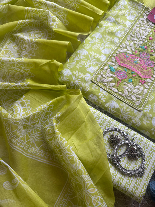 Cambric cotton bright embroidered neck suit set
