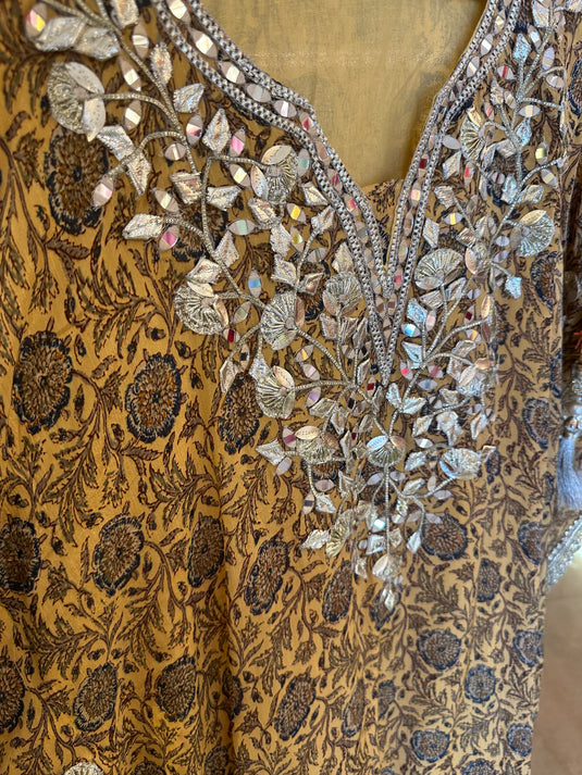 Mustard upada silk gotta work kaftan with tassels