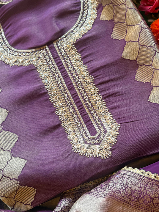 Kanjivaram silver lilac intricate neck work suit set