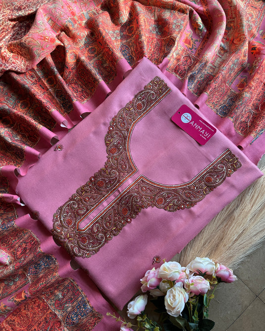 Aari work woollen suit set with highlighted