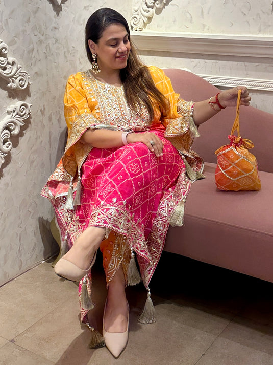 Shaded Bandhani tassel pure crepe gotta work kaftans