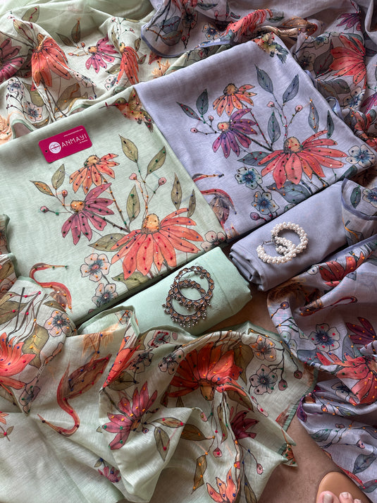 Pastel soft chanderi swan print suit set with knot work details