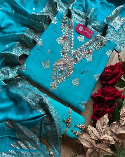 Pita work neck Banarasi dolla silk suit set