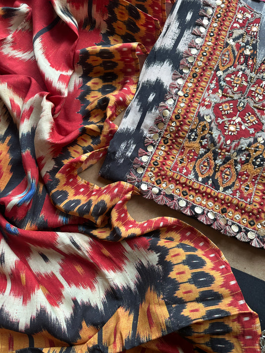 Ikkat print muslin suit set with coin work neck